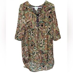 Fig & Flower Paisley Boho Blouse M Mixed Print Plaid Trim Tunic